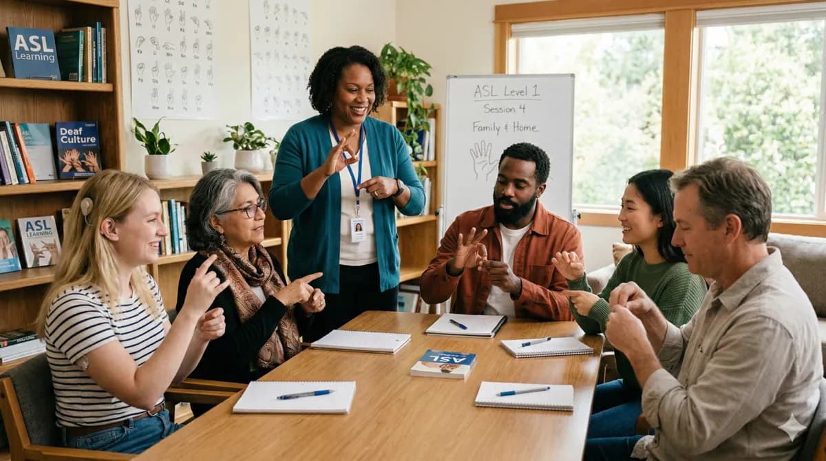 An ASL instructor leading a sign language class with a diverse group of adult learners around a table