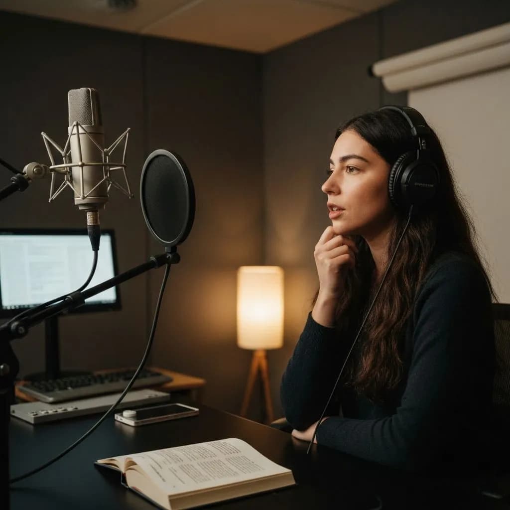 A professional audio recording studio with a microphone and soundproofing panels