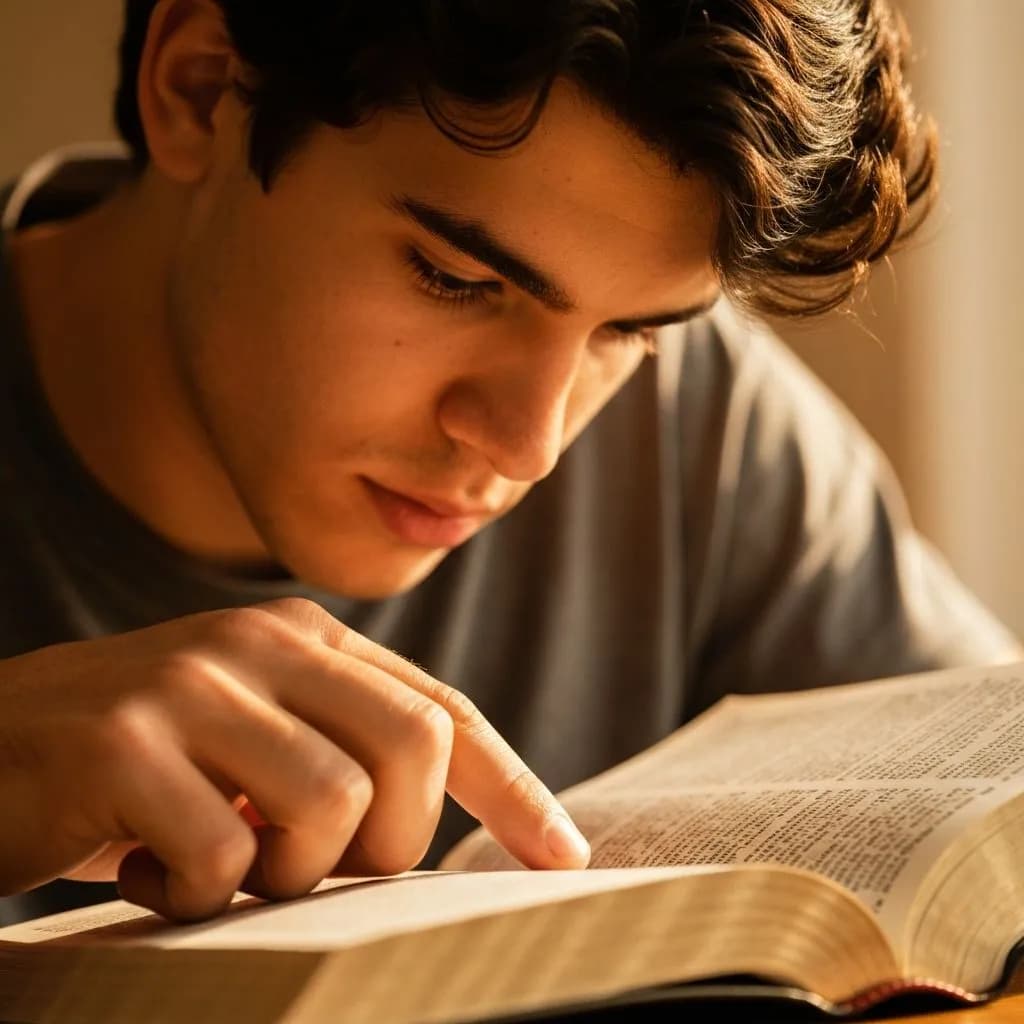 A person reading an open book at a desk with warm lighting