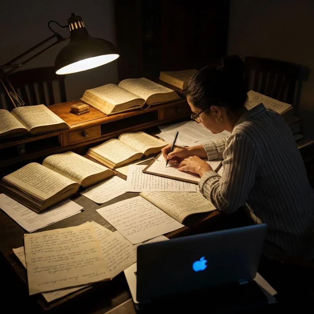 A translator working at a desk with manuscripts and a laptop